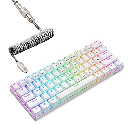 RK ROYAL KLUDGE RK61 60% Mechanical Keyboard with Coiled Cable, 2.4Ghz/Bluetooth/Wired, Bluetooth 61 Keys, Wireless RGB Hot Swappable Brown Switch Gaming Mini Keyboard with Software - White - color: White, size: Hot-swappable Brown Switch
