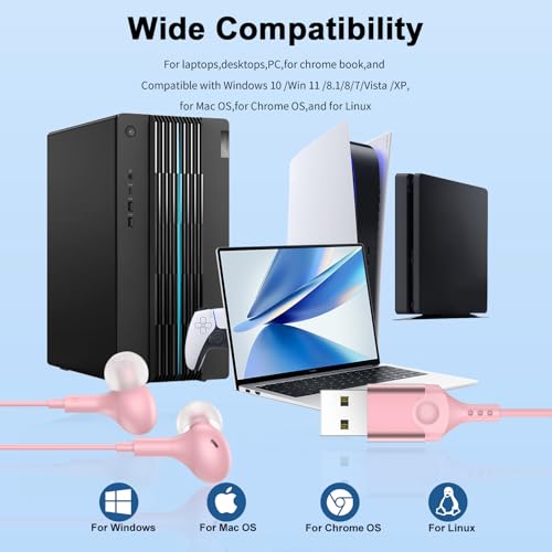 USB Earbuds with Microphone for PC Laptop,Wired USBA Headset with Mic in Ear Buds Noise Isolating Light Laptop Earphones Headphones for Dell HP Surface Computer Office Zoom Work Gaming School,Pink - color: Pink