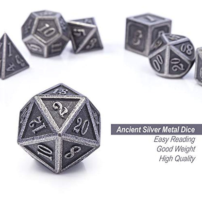 DnDnD Acient Silver Metal DND Dice Set, 7PCS D&D Metal Dice with Metal Case for Dungeons and Dragons, Shadowrun, Pathfinder, Savage World and Table Games - color: Ancient Silver