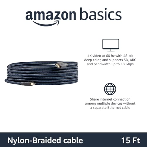 Amazon Basics Nylon-Braided HDMI 2.0 Cable, 15ft, 4K@60Hz, 18Gbps, 2160p, 48 bit, Compatible with TV/PS5/Xbox/Roku/Blu-ray, Ethernet, Black & Blue - color: Black, size: 15 Feet (Pack of 1)