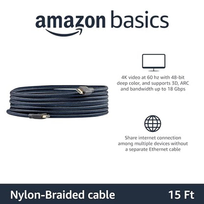 Amazon Basics Nylon-Braided HDMI 2.0 Cable, 15ft, 4K@60Hz, 18Gbps, 2160p, 48 bit, Compatible with TV/PS5/Xbox/Roku/Blu-ray, Ethernet, Black & Blue - color: Black, size: 15 Feet (Pack of 1)