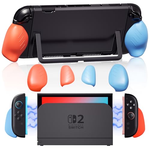 Lainergie 9-IN-1 Switch 2 Grip Case, Ergonomic Grip Hard Shell with Replaceable Grips [to fit All Hands Sizes], Dockable Handheld Shell Set for Nintendo Switch 2 2025, Neon Blue (L) + Neon Red (R) - color: Neon Blue + Red