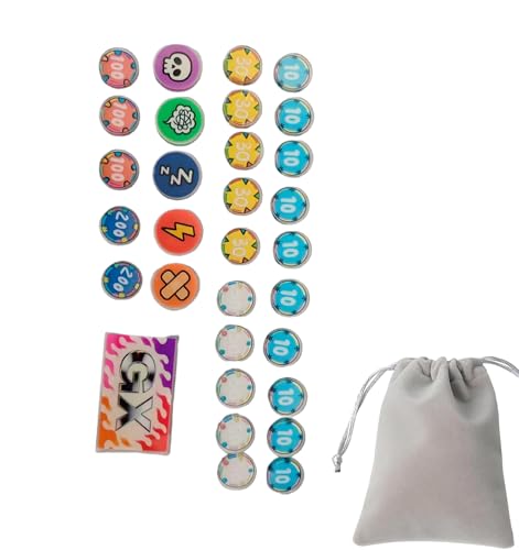Damage and Status Counters for Trading Card Game, 31 Piece Set with Values 10, 30, 50, 100, 200, 3mm Thickness, Includes Storage Bag - color: Counters