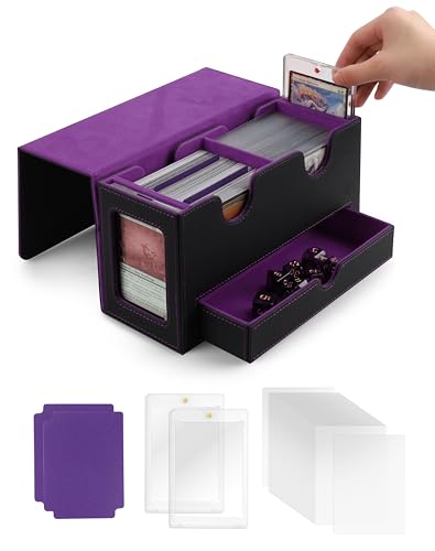 MRAUF MTG Deck Box with Double Commander Display and Dice Tray, Fits 200+ Double Sleeved Cards, Card Storage Box Plus 2 Magnetic Holders& 100Pcs Card Sleeves (Black& Purple) - color: Black& Purple