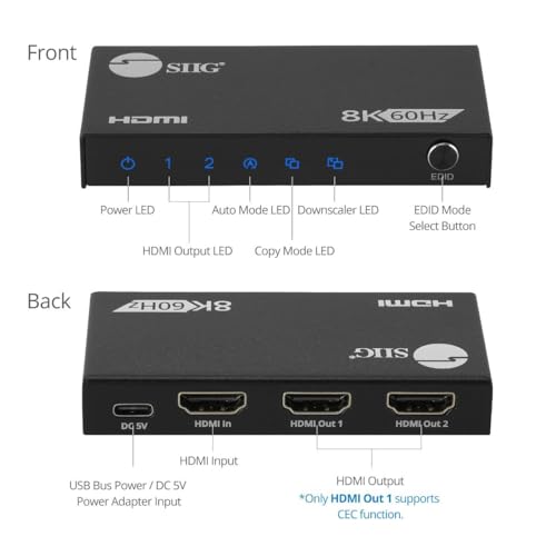 SIIG 1x2 HDMI 2.1 Splitter, 8K60Hz, VRR, ALLM, EDID, CE-H27N11-S1 | Send one HDMI 2.1 source to two 8K60Hz displays; VRR, ALLM and EDID support gaming and high-refresh AV systems.