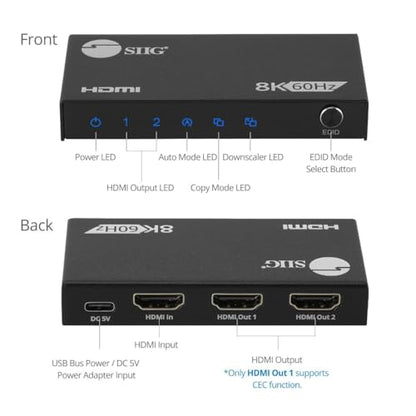 SIIG 1x2 HDMI 2.1 Splitter, 8K60Hz, VRR, ALLM, EDID, CE-H27N11-S1 | Send one HDMI 2.1 source to two 8K60Hz displays; VRR, ALLM and EDID support gaming and high-refresh AV systems.