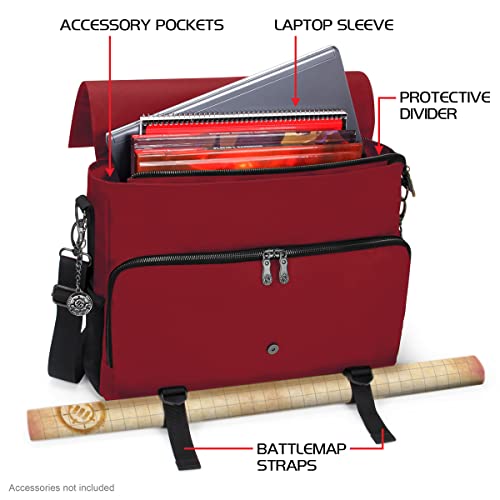 ENHANCE Collector's Edition RPG Player's Essentials DnD Bag - Dragon Hide Exterior Messenger Bag Fits 2-4 Books, Binders, Dice & Accessories, with 17 inch Laptop Slot, Battlemap Straps (Dragon Red) - color: Dragon Red