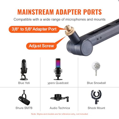 VEVOR Microphone Boom Arm, with Desk Mount Clamp, Adjustable Mic Stand with Cable Management,360° Rotatable,3/8" to 5/8" Adapter, for Recording Studio Streaming Gaming Blue Yeti SM7B Audio Podcast - style: Mic Boom Arm