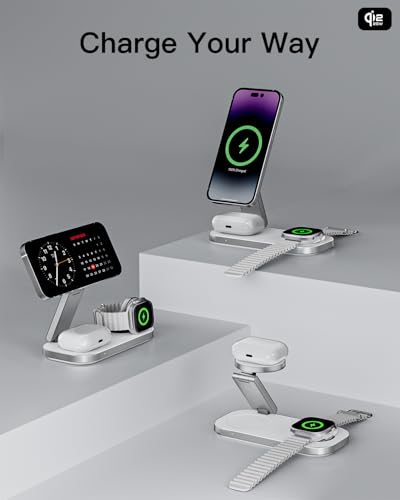 3-in-1 Charging Station for Apple Device, Qi2 25W Certified Magnetic Wireless Foldable Fast Charger Stand Compatible with MagSafe for iPhone 17e/17/16/15/14/13/12/Air Series, Apple Watch & AirPods - color: White+Silver
