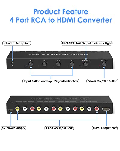 OseTub 4 Port RCA to HDMI Converter with UPGRADE TECHNOLOGY - size: 4 Port RCA to HDMI Converter