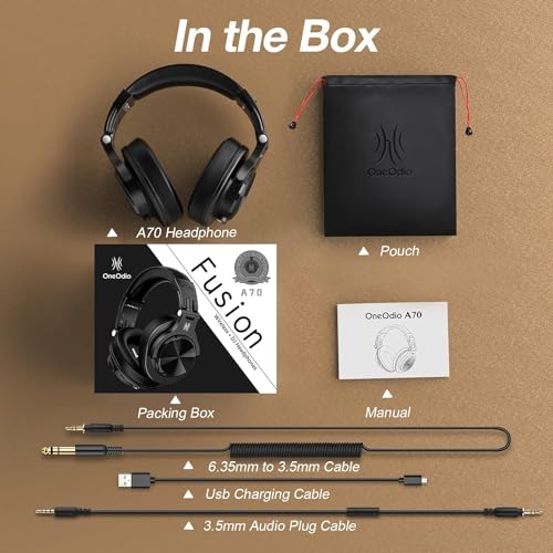 OneOdio A70 Bluetooth Over Ear Headphones, Wireless Headphones with 72H Playtime, Hi-Res, Built-in Mic, 3.5mm/6.35mm Wired Audio Jack for Studio Monitor & Mixing DJ Guitar AMP, Computer PC Gaming - color: Black