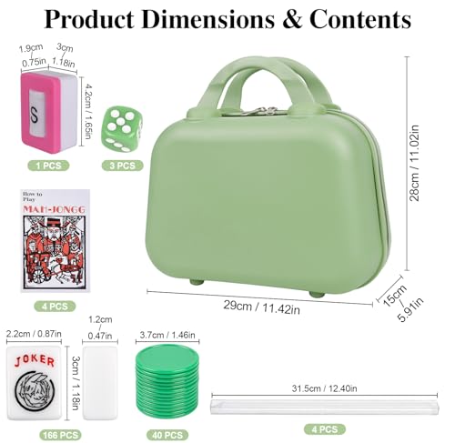 Portable American Mahjong Set, 166 Mahjong Tiles with Carrying Bag, 3 Dice, 40 Chips, Wind Indicator, Instruction Book, Compact Travel Game Set