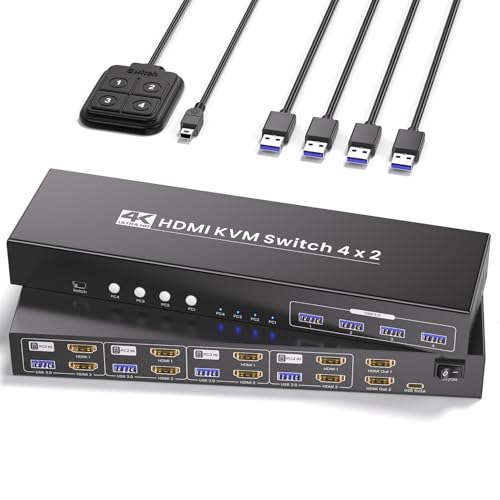 USB 3.0 Dual Monitor HDMI KVM Switch, 4K60Hz 4 Port HDMI KVM Switch for 4 Computers Share 1 Set of Keyboard, Mouse and 2 Monitors, 4 USB 3.0 Ports Integration - color: 4K 2 Monitors 4 Computers