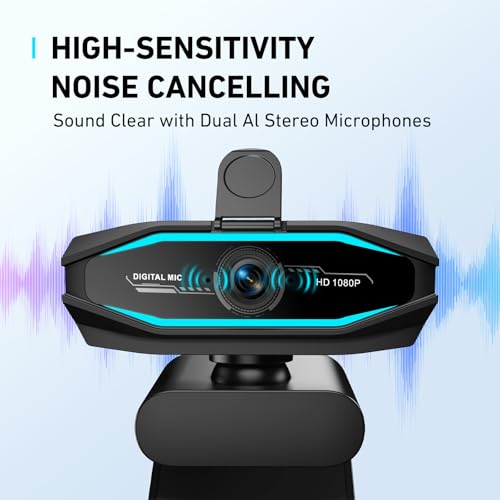 1080P Webcam with Microphone, Full HD Web Camera with RGB Light for Pc, Light Correction and Noise Cancellation Streaming Webcam, USB Computer Camera with Privacy Cover ,Plug and Play PC Web Cam