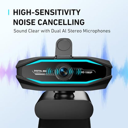 1080P Webcam with Microphone, Full HD Web Camera with RGB Light for Pc, Light Correction and Noise Cancellation Streaming Webcam, USB Computer Camera with Privacy Cover ,Plug and Play PC Web Cam