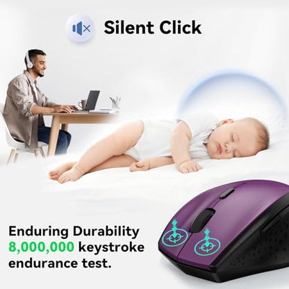 TECKNET 2.4G Wireless Mouse, 4800 DPI Ergonomic Computer Mouse, USB, Purple | Mouse for Laptop with USB Receiver, 6 Adjustable DPI, Quiet Click, 30-Month Battery, 6 Button, Portable for PC Chromebook Mac - color: Purple