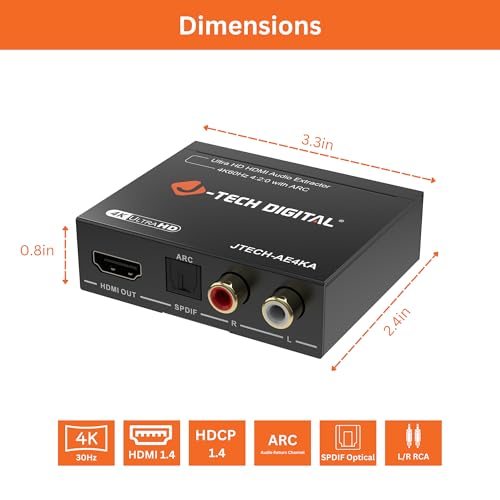 J-Tech Digital 4K@60Hz HDMI Audio Extractor with ARC, HDMI to RCA & Optical Converter, Dolby Digital/DTS Stereo Support for TV, Gaming Consoles, Blu-ray, Laptop [JTECH-AE4KA]