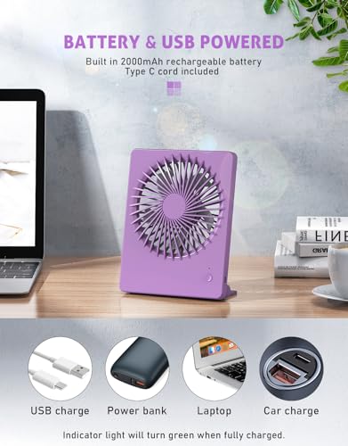 Zuvas Desk Fan Small Rechargeable Battery Table Fans for travel Ultra Quiet | 180° Tilt Folding, LED Dislay, Portable Fan Slim Design, 3 Speed Adjustable, for Office Bedroom Desktop, Cruise Essentials - color: Purple