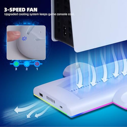 ECHZOVE PS Slim Cooling Station with RGB Lights High-Speed Cooling Fan & Controller Charging Dock, DualSense Charger Stand for P5 Slim Console, Space-Saving Stand