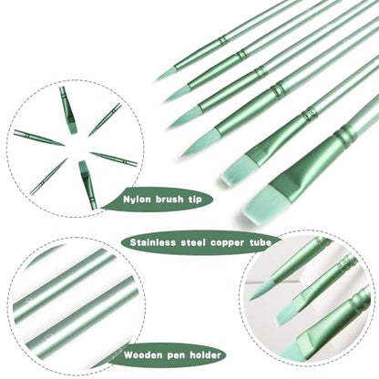 Acrylic Paint Brush Set, 6 pcs Watercolor Brushes, Painting Brush Nylon Hair Brushes for All Purpose Oil Watercolor Painting Beginner Kits (6, Green) - color: Green