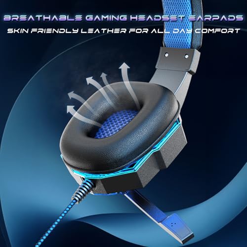 Stereo Gaming Headset for PS4 PC Xbox One PS5 Controller, Noise Cancelling Over Ear Headphones with Mic, LED Light, 7.1 Surround Sound, Soft Memory Earmuffs for Nintendo Xbox Series X|S-Black/Blue - color: Black/Blue