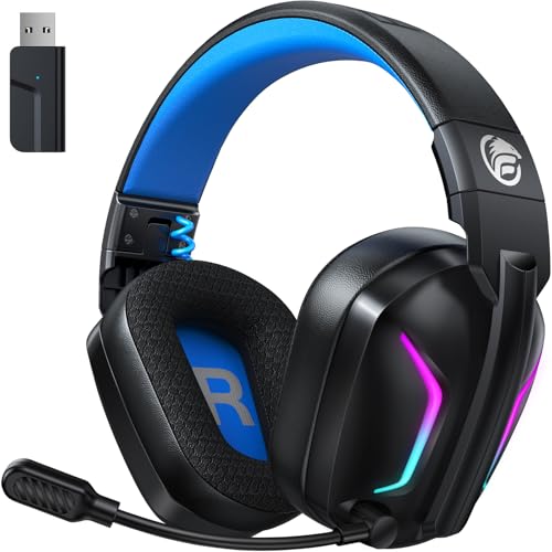 Fachixy Wireless Gaming Headset with Microphone for PC, PS5, PS4, Bluetooth Gaming Headphones - Fast Charge 50Hr Battery, Cool LED Lights for Switch, Laptop, Mobile, Mac 2.4GHz Gamer Headset