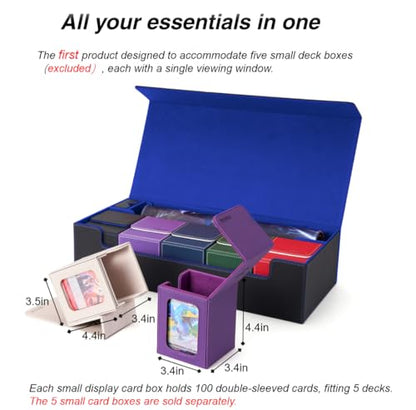 MTG Deck Box Holds 5 Display Card Deck Boxes with Playmat and Dice Box,Includes 10 colorful dividers and 1 card supporter, Trading Card Storage Box For Magic Game Cards(Black and Blue) | Holds 5 Deck Boxes (not included)/650 Single/520 Double-Sleeved Card