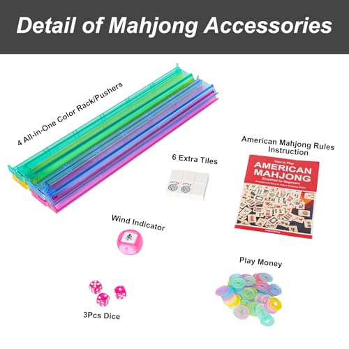 American Mahjong Game Set, 166 White Tiles, 4 All-in-One Color Rack/Pushers, Complete Mahjong Set with Pink Printed Carrying Bag - color: Pink