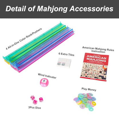 American Mahjong Game Set, 166 White Tiles, 4 All-in-One Color Rack/Pushers, Complete Mahjong Set with Pink Printed Carrying Bag - color: Pink