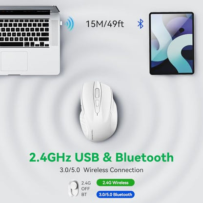 TechRise Bluetooth Mouse (BT5.0/3.0 & 2.4G) Rechargeable Wireless Mouse 2.4GHz with USB A Receiver, 4800 DPI Optical Tracking, 6 Adjustable DPI, Quiet Clicks, 6 Buttons, Wide Compatibility - White - color: White