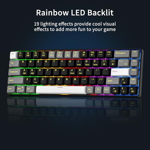 Newmen GM681 Wired Mechanical Keyboard,60% LED Backlit Gaming Keyboard | Wired Gaming Mechanical Keyboard,LED Backlit,Custom Hot Swappable,Ergonomic,Compact Small,USB Mini Computer Keyboard,PC Gamer - color: Black/White/Grey Keycaps