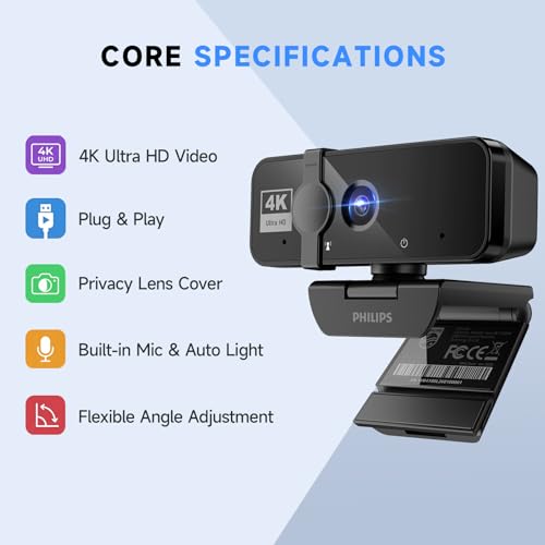 PHILIPS 4K Webcam for PC with Microphone, Computer Camera for Meetings with Privacy Cover, Plug & Play USB Web cam for Laptop, Desktop, Zoom, Teams, Skype, Video Conferencing, Streaming - Black | Plug & Play USB Web cam with Privacy Cover, for Laptop, Des