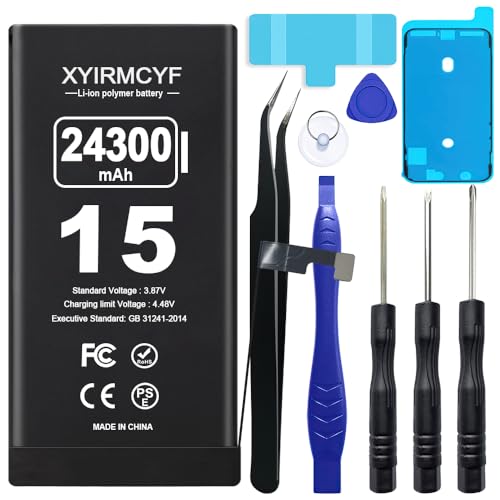 XYIRMCYF 24300mAh Super Capacity Battery Compatible with iPhone 15, 0 Cycle Li-Polymer Replacement Battery for iPhone 15, with Professional Repair Tool Kit - color: 15-24300
