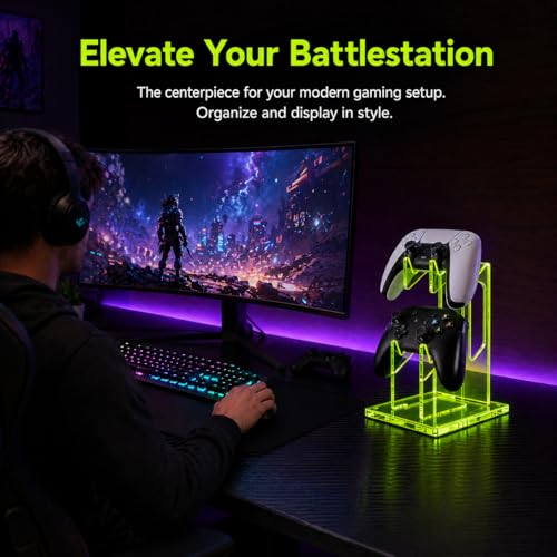 Aurora Green 2 Pack 2-Tier Controller Holder Display Stand for PS5, Xbox | Controller holder & display stand for gaming desk or battlestation; set of 2 holds 4 pads, charge in place, aurora acrylic