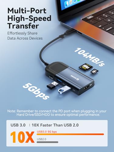 QUUGE USB-C Hub, 6 in 1 4K HDMI Dock, 100W PD, SD/TF Card Reader, Laptops | 100W PD input, 10Gbps data port, SD and TF card access, screen privacy button, aluminum housing, for travel and hybrid work - style: QC601【1 × HDMI + 2 × USB-A + PD 100W + SD & TF