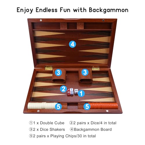 Wooden Backgammon Set, 15 inch Folding Backgammon Board Game with 32 Pieces | Portable Travel Strategy Game for Adults & Kids | Complete Backgammon Set in Wood Case for Family Game Nights & Gifts - color: 15 Inch Large Backgammon
