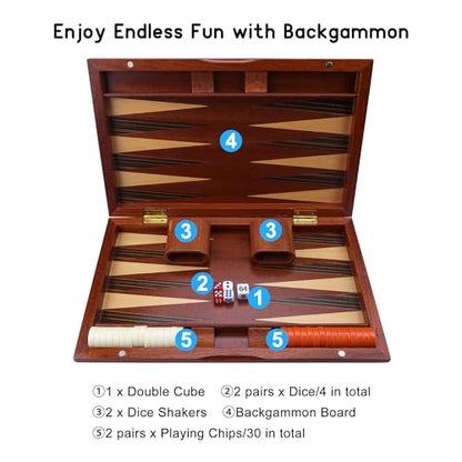 Wooden Backgammon Set, 15 inch Folding Backgammon Board Game with 32 Pieces | Portable Travel Strategy Game for Adults & Kids | Complete Backgammon Set in Wood Case for Family Game Nights & Gifts - color: 15 Inch Large Backgammon