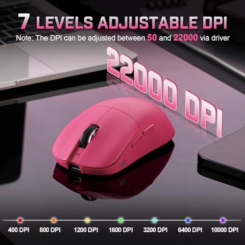 YUNZII M1 PAW3311 Sensor Wireless Gaming Mouse (Pink) | 7-Level DPI Adjustment Up to 10000 DPI, Stable 1000Hz polling rate, 60g Lightweight Design, Easy Software for Win & Mac - color: Pink