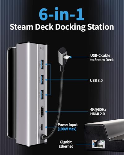 Docking Station for Steam Deck, 6-in-1 Steam Deck Dock with HDMI 2.0 Supports up to 4K@60Hz, 3 USB-A 3.0 Ports Each 5Gbps, Gigabit Ethernet, 100W USB-C PD3.0 Charging Port, Made for Valve Steam Deck - style: 6 in 1 Steam Deck Dock
