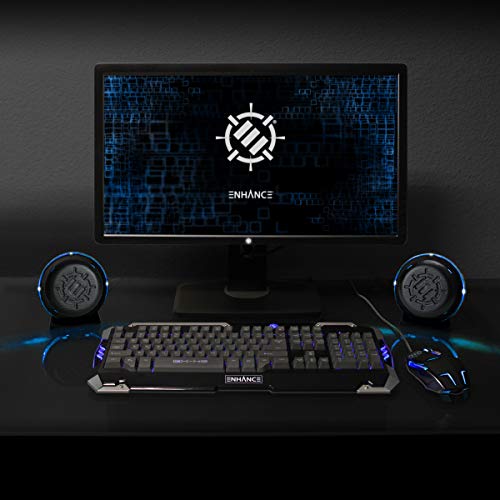 ENHANCE SL2 USB Classroom Speakers — 2.0 Stereo Sound System, 3.5mm Input, in-Line Volume Control, Compact for Desks, Laptops & Chromebooks — Perfect for School Labs & Classrooms (Blue LEDs) - color: Blue
