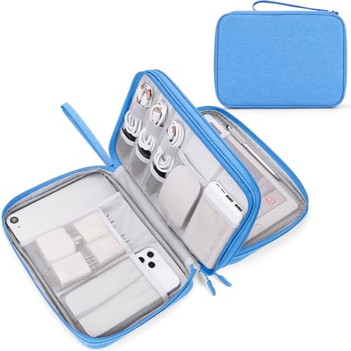 FYY Electronic Organizer, Travel Tech Pouch Bag, Extra Large, Cyan | Wrist Strap, Waterproof, Double Layers Electronics Travel Case for iPad, Cord, Laptop Charger, Daily and Business Trips Use - color: Cyan, size: Extra Large
