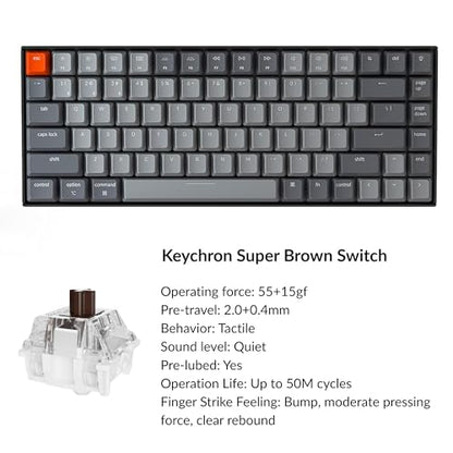 Keychron K2 75% Layout Bluetooth Wireless Mechanical Keyboard Super Switch/White LED Backlit/USB C/Anti Ghosting/N-Key Rollover, 84 Keys Gaming Keyboard for Mac Windows-Version 2 - color: Brown Switch