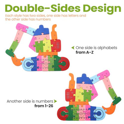 Yunsailing 4 Pcs Wooden Animal Puzzles for Kids, Double Sided Snake Jigsaw with Alphabet & Numbers for Preschool Toddler Learning Educational Activities(Transportation) - style: Transportation
