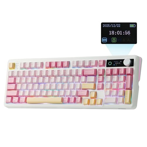 EPOMAKER TH99 PRO 96% Mechanical Keyboard with Screen & Knob, 10000mAh, 2.4Ghz/BT, Hot Swap, Custom Driver, RGB Backlight, PBT Keycap, Wireless Gaming Keyboard for PC/Mac (Pink, Creamy Jade) - color: Pink, size: Creamy Jade