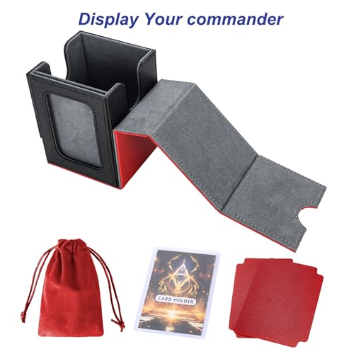 AFIING MTG Deck Box for Commander Display,Card Deck Case Fits 100 Double Sleeved Cards, Magic Commander TCG Card Storage Box with 2 Dividers,Dice Bag and 1 Toploader(Red Black) - color: Commander Red Black