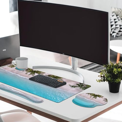 Britimes Blue Turquoise Ocean Keyboard Mouse Pad Set Beach Summer 4in1 Large Mousepad+Keyboard Wrist Rest+Mouse Wrist Rest+Coaster Ergonomic Design for Home Office Computer 35.4x15.7 inches - color: Blue Turquoise Ocean