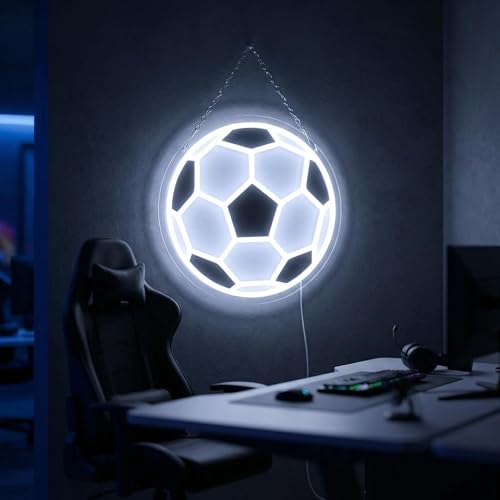 Soccer Neon Light 12.6" x 12.6" LED Football Wall Art Decor, 5-Level Dimmable Brightness USB Powered Acrylic Soccer Ball Lamp for Boys Bedroom, Game Room, Sport Bar, Sports Fans