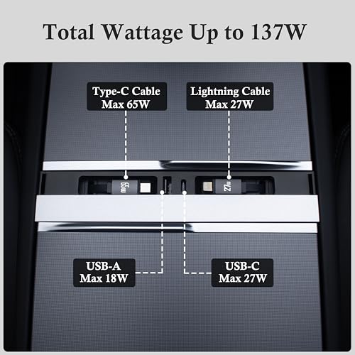 USB Hub Charger for Tesla Model 3 Highland 2024-26&Model Y Juniper 2025-26 | Center Console with Two 27W Fast Charging Retractable Cables Phone Charger Docking Station Accessories,Seamless Fit,OEM - color: for Model Y 2025-2026 & Model 3 2024-2026