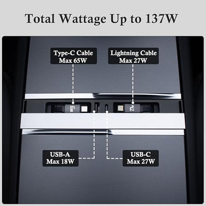 USB Hub Charger for Tesla Model 3 Highland 2024-26&Model Y Juniper 2025-26 | Center Console with Two 27W Fast Charging Retractable Cables Phone Charger Docking Station Accessories,Seamless Fit,OEM - color: for Model Y 2025-2026 & Model 3 2024-2026