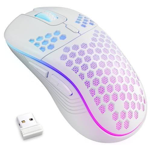 MELOGAGA Wireless Gaming Mouse RGB Rechargeable Lightweight Honeycomb White | 7-Color LED Light, 4 DPI Levels, USB-C Recharge & Stable 2.4G Wireless for PC Mac Laptop Desktop Computers - color: Wireless_White